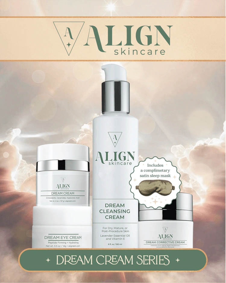 ALIGN skincare Dream Cream Series with bottles and packaging on a soft, blurred background.