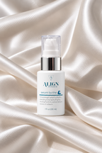 Align Skincare 'Serum by the Sea' 1 fl oz pump bottle, displayed on draped white satin fabric.