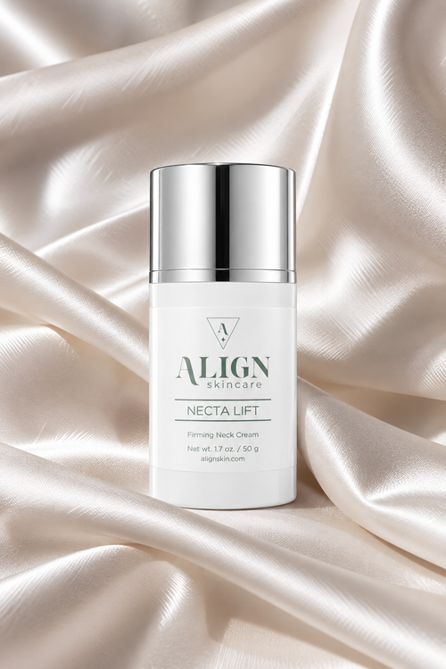 ALIGN Skincare Necta Lift Firming Neck Cream in a white bottle with a reflective silver cap, set against a luxurious draped satin fabric background.